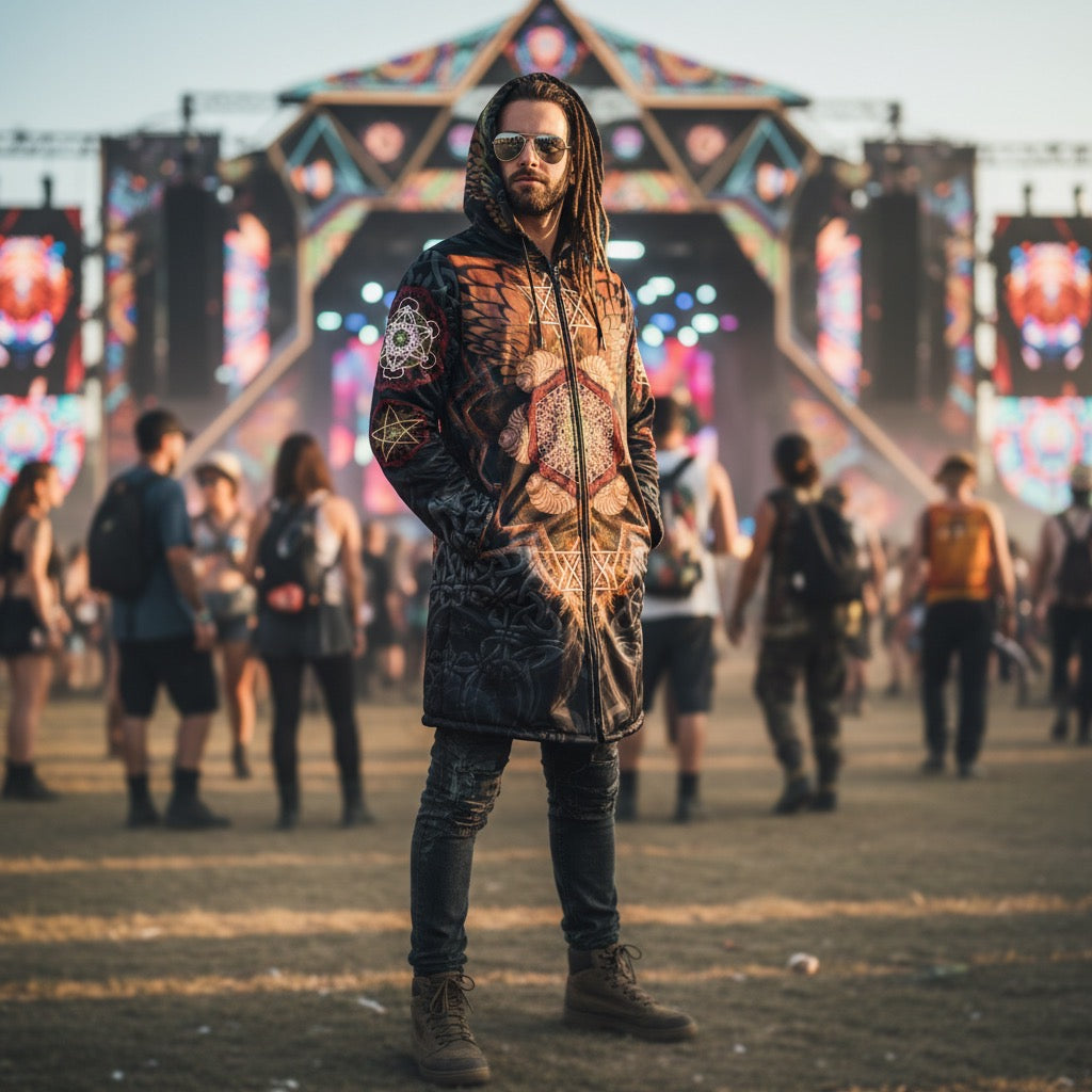 Angel Catcher Orange Men's Festival Cloak side view with psychedelic festival art