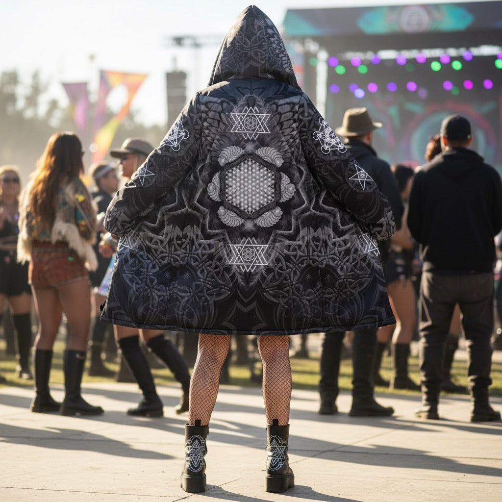 Angel Catcher Grey Festival Cloak front view with festival cloak