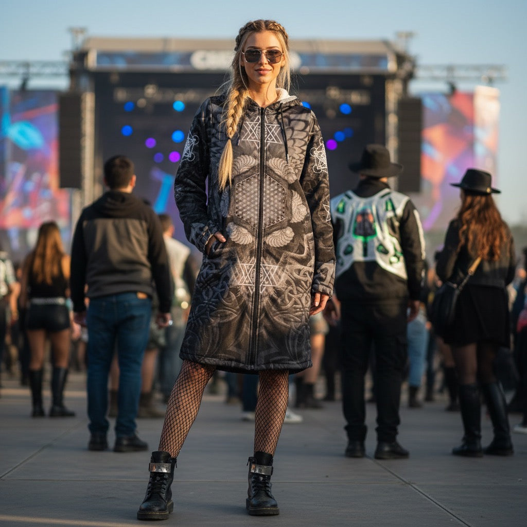 Angel Catcher Grey Festival Cloak back view with festival wear