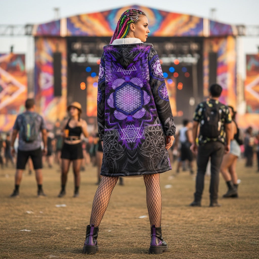 Purple Angel Catcher Women's Festival Cloak side view with trippy visionary art