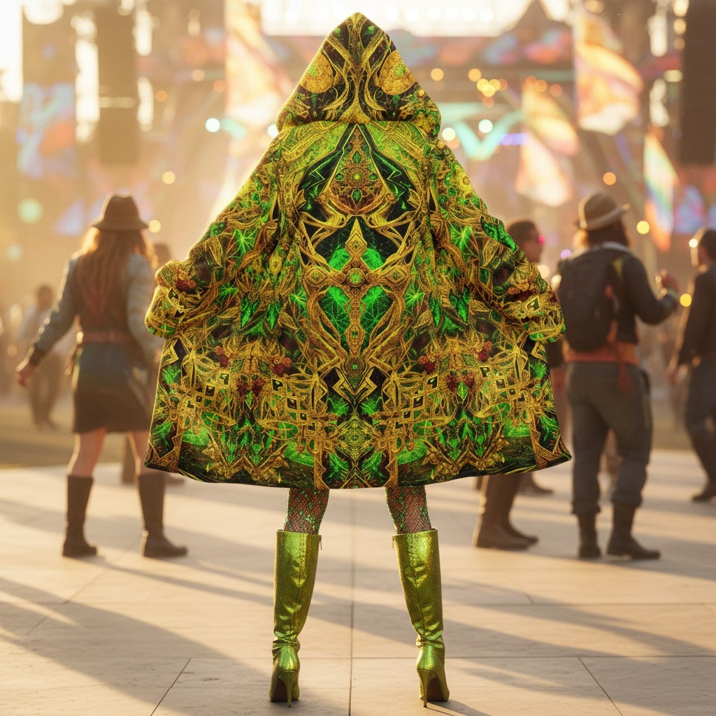 Cosmic Cross Yellow Women's Festival Cloak front view with festival cloak