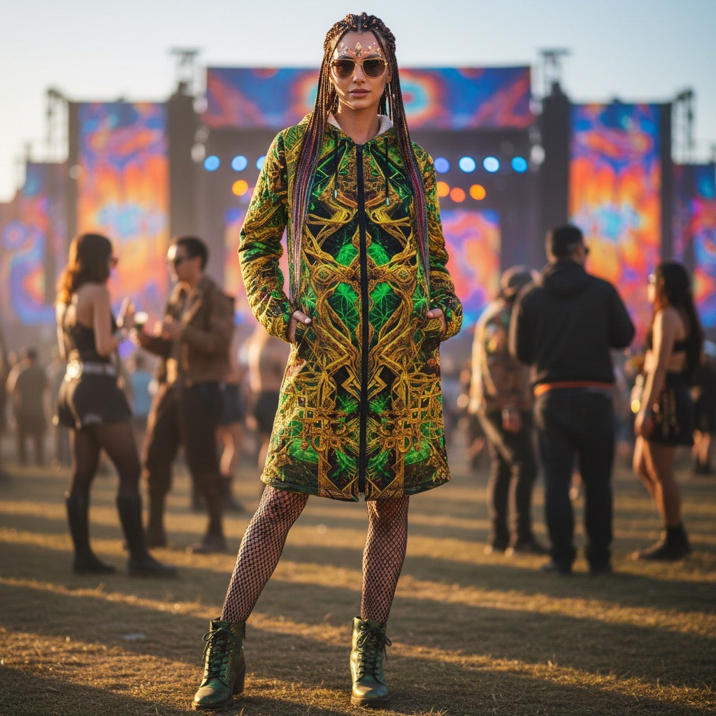 Cosmic Cross Yellow Women's Festival Cloak side view with psychedelic art