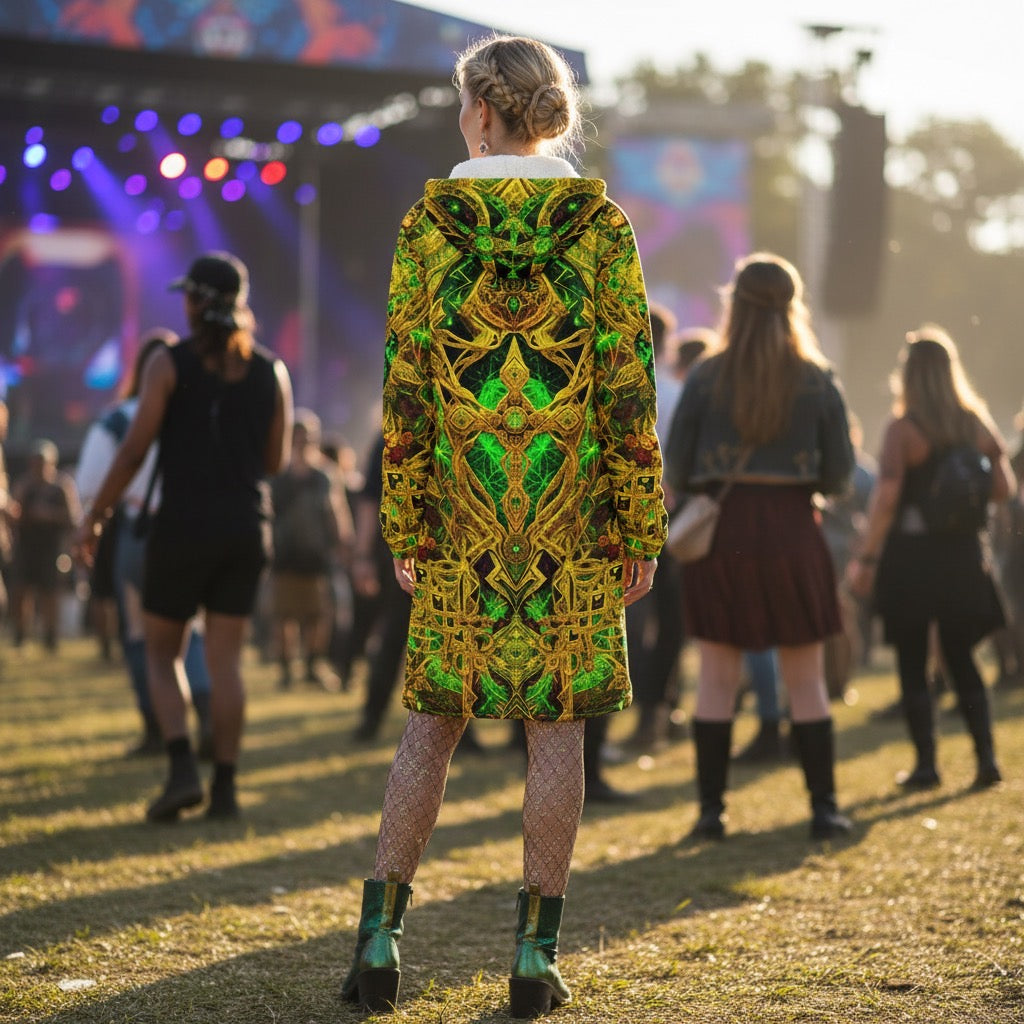 Cosmic Cross Yellow Women's Festival Cloak back view with festival wear