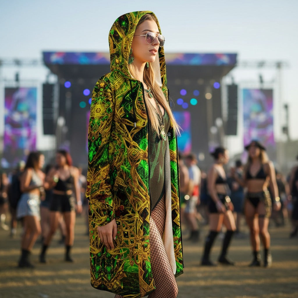 Cosmic Cross Yellow Women's Festival Cloak detail view with alternative fashion