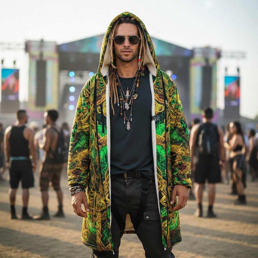 Cosmic Cross Yellow Men's Festival Cloak side view with visionary art