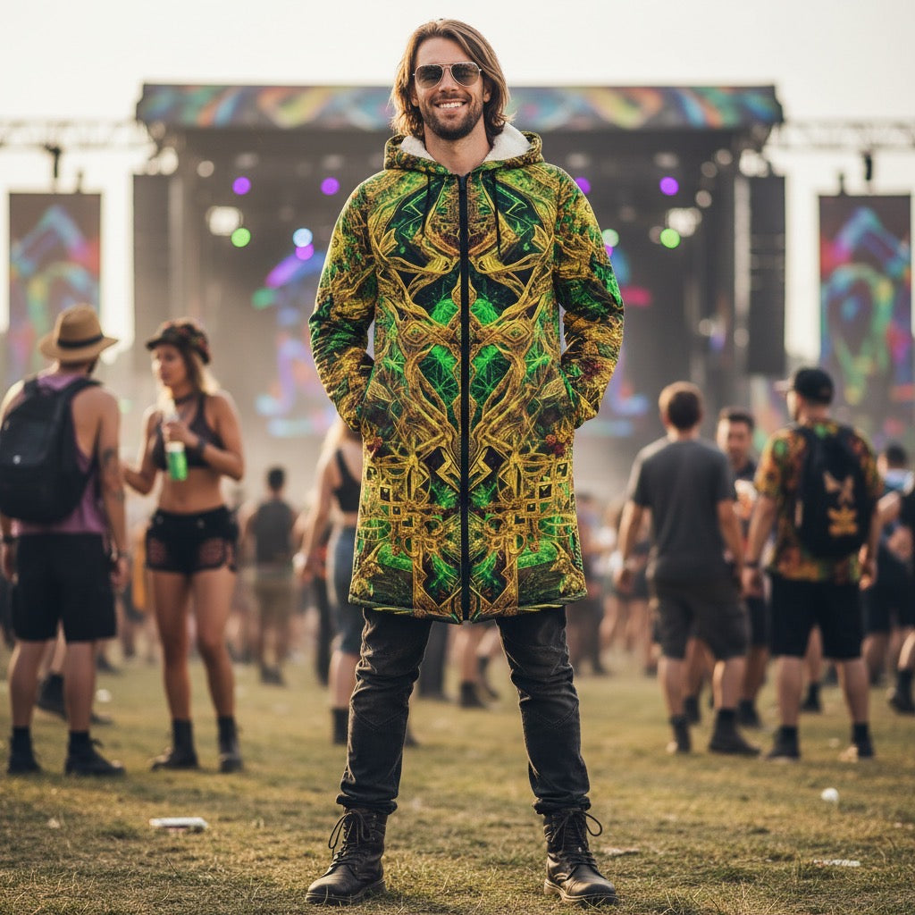Cosmic Cross Yellow Men's Festival Cloak back view with EDM festivals