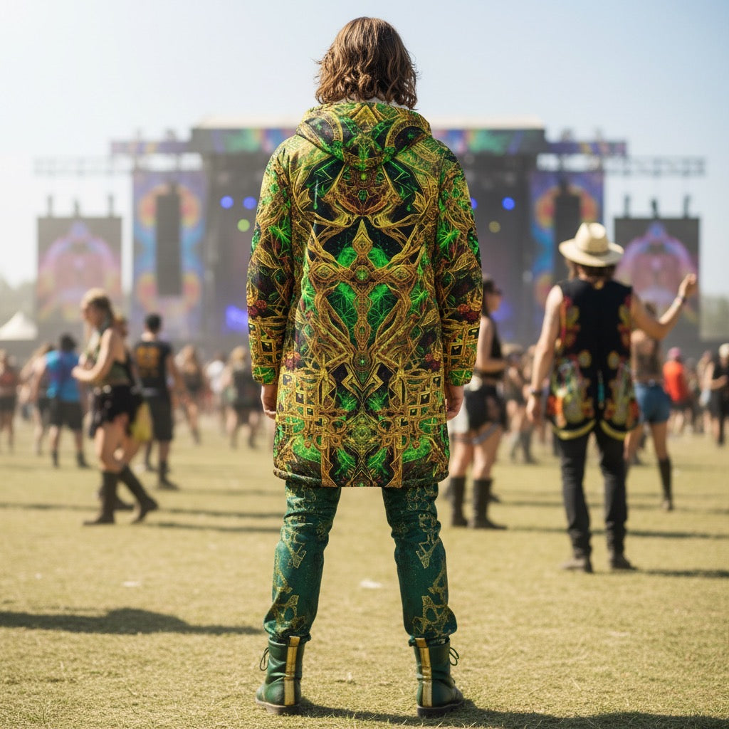 Cosmic Cross Yellow Men's Festival Cloak detail view with mystical style