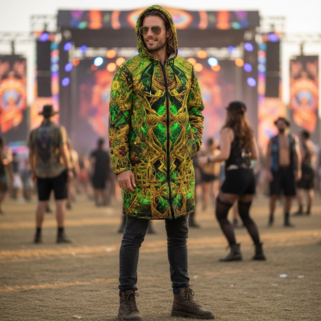 Cosmic Cross Yellow Men's Festival Cloak front view with rave cloak