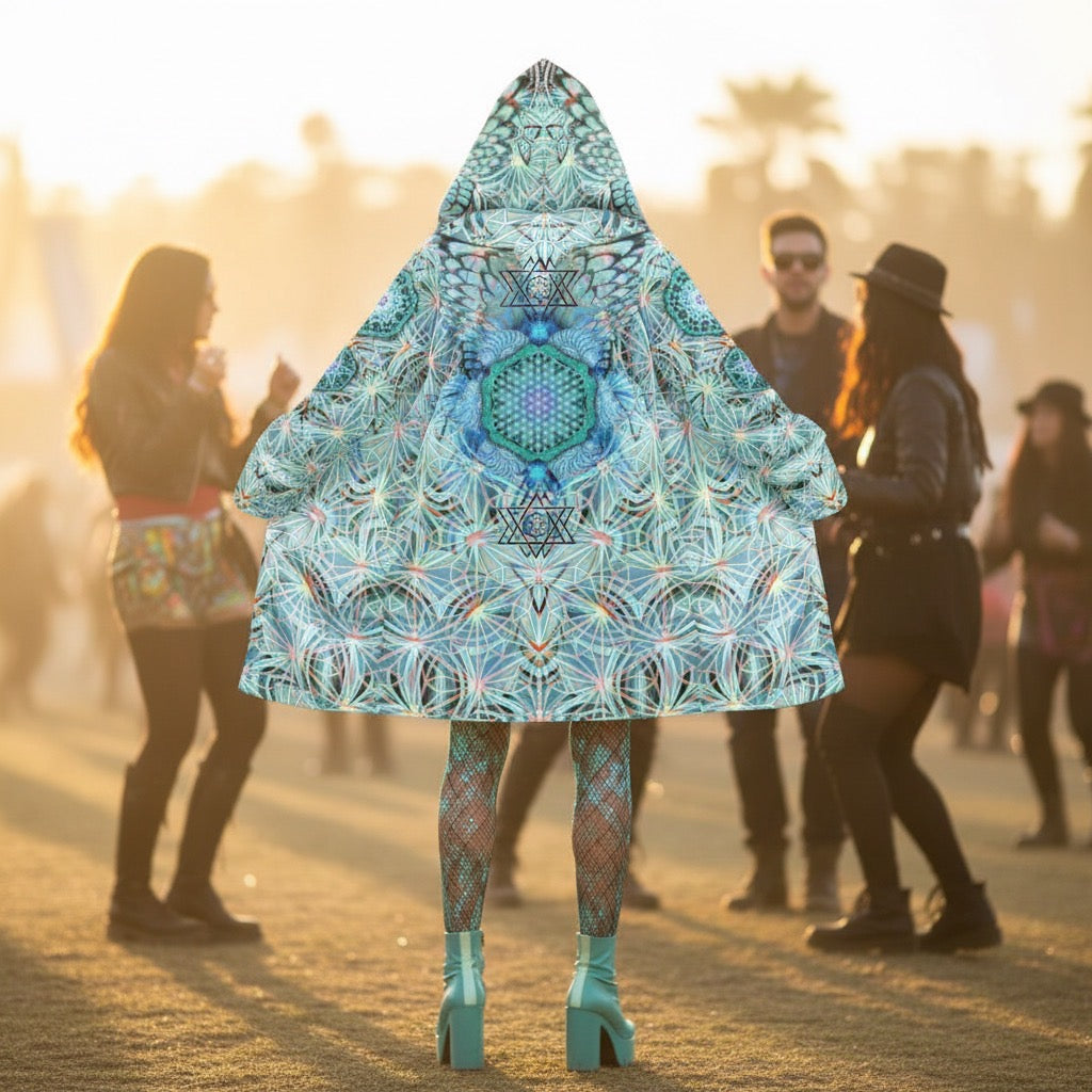 Angel Catcher Light Teal Women's Festival Cloak front view with rave cloak