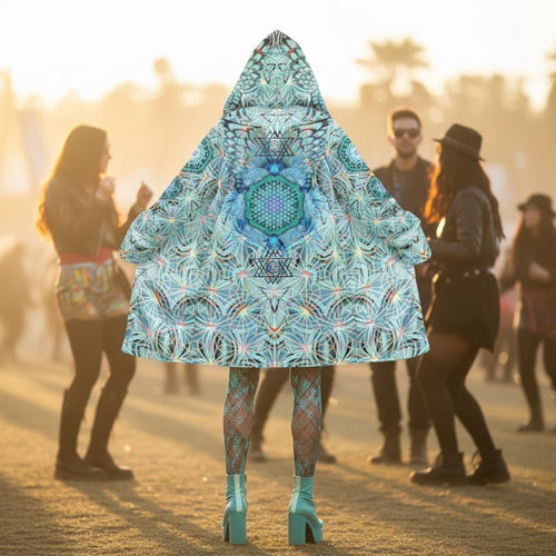 Angel Catcher Light Teal Women's Festival Cloak front view with rave cloak