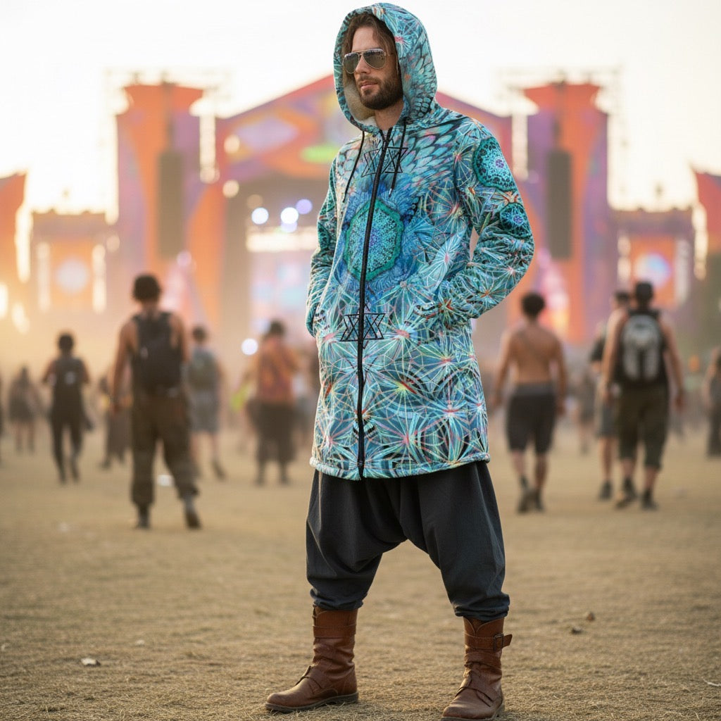 Angel Catcher Light Teal Men's Festival Cloak detail view with spiritual fashion