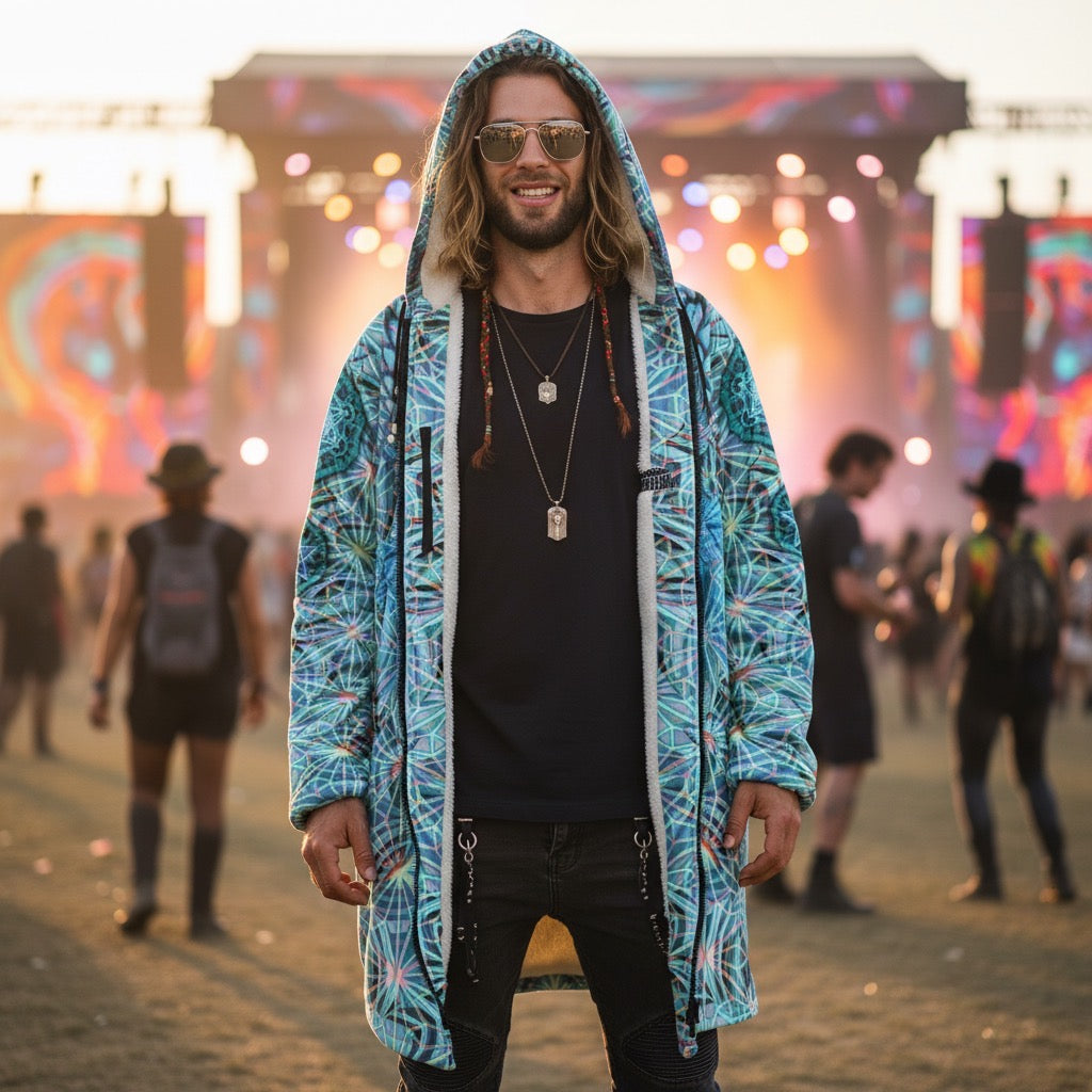 Angel Catcher Light Teal Men's Festival Cloak back view with psytrance events