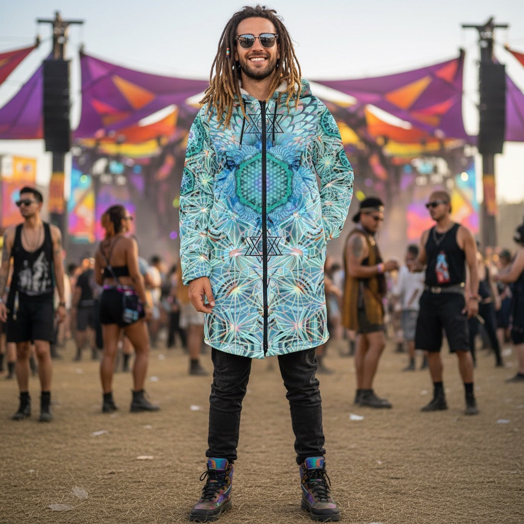 Angel Catcher Light Teal Men's Festival Cloak side view with sacred geometry art