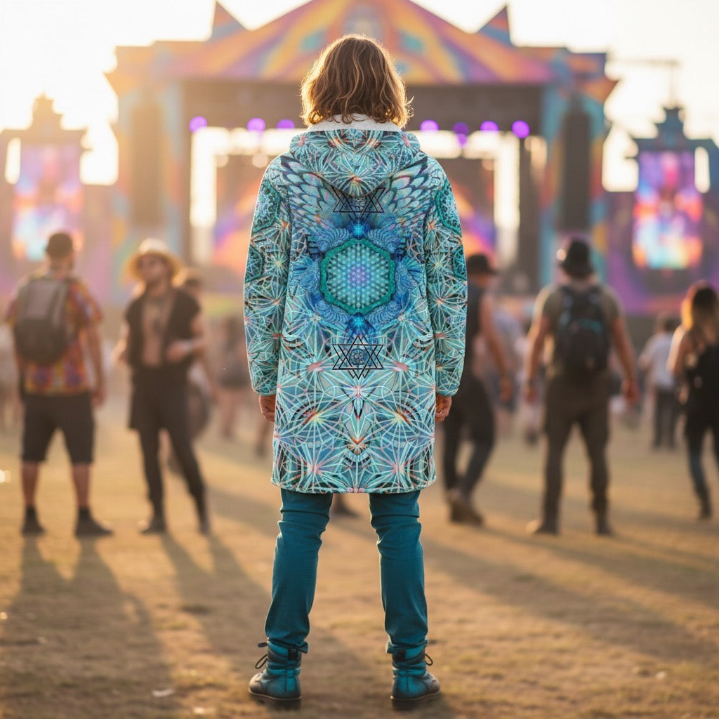 Angel Catcher Light Teal Men's Festival Cloak front view with sacred geometry cloak