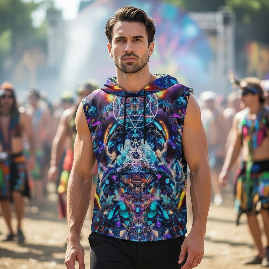 Cyber Punk Mech men's sleeveless pullover hoodie front view with cyberpunk psychedelic artwork