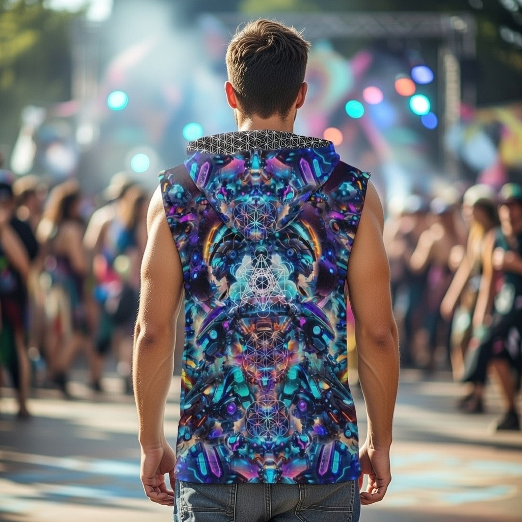 Cyber Punk Mech men's festival hoodie back view with cyberpunk pattern