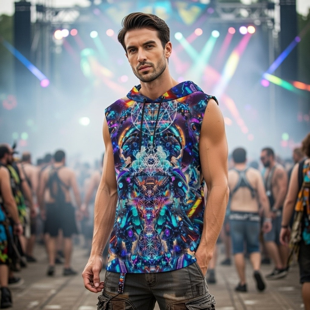Cyber Punk Mech men's hooded tank side view with futuristic art print