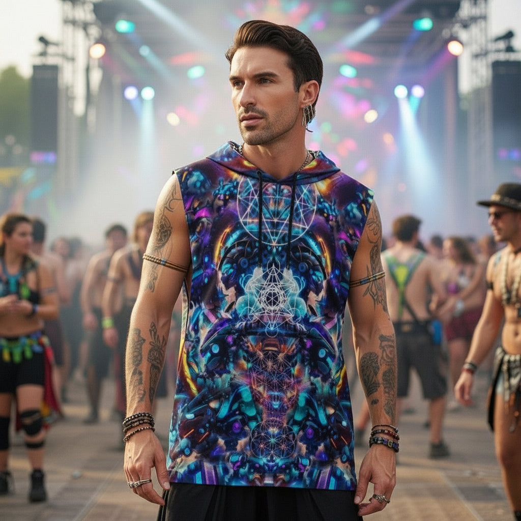 Cyber Punk Mech men's sleeveless rave hoodie detail view with mech-inspired design