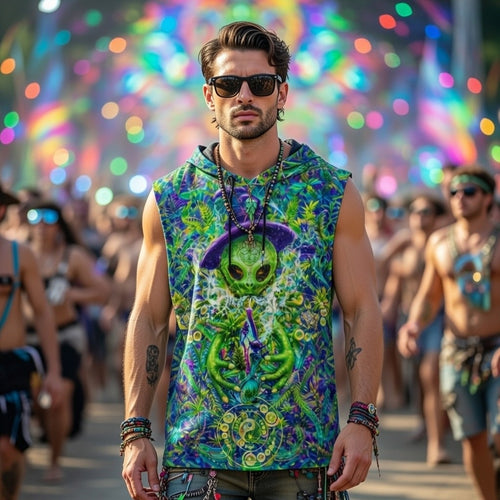 Alien Wizard Stoner men's sleeveless hoodie front view with psychedelic artwork
