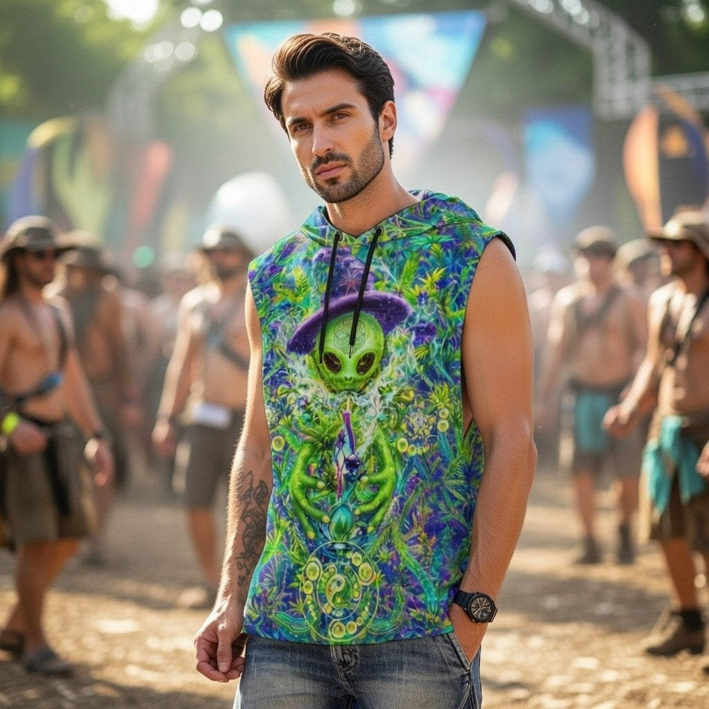 Alien Wizard Stoner men's hooded tank side view with trippy visionary print