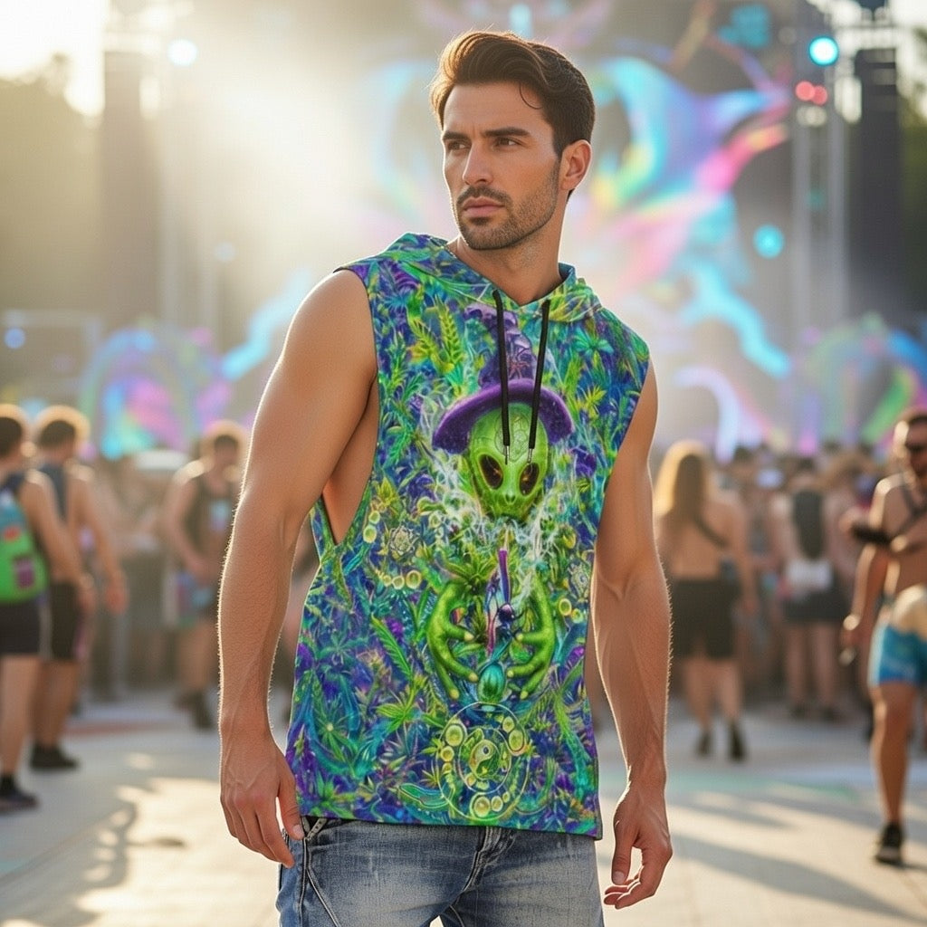 Alien Wizard Stoner men's festival hoodie back view with alien-inspired pattern