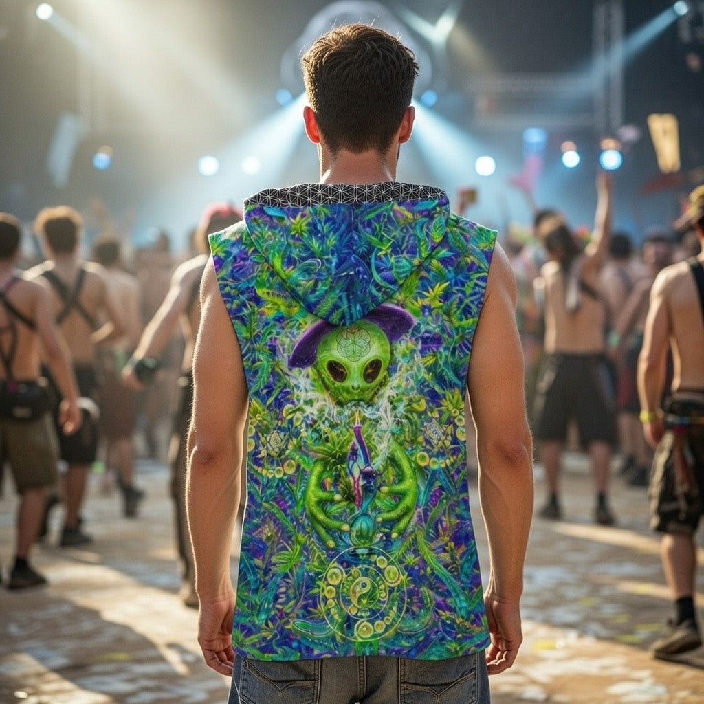 Alien Wizard Stoner men's sleeveless rave hoodie detail view with wizard design
