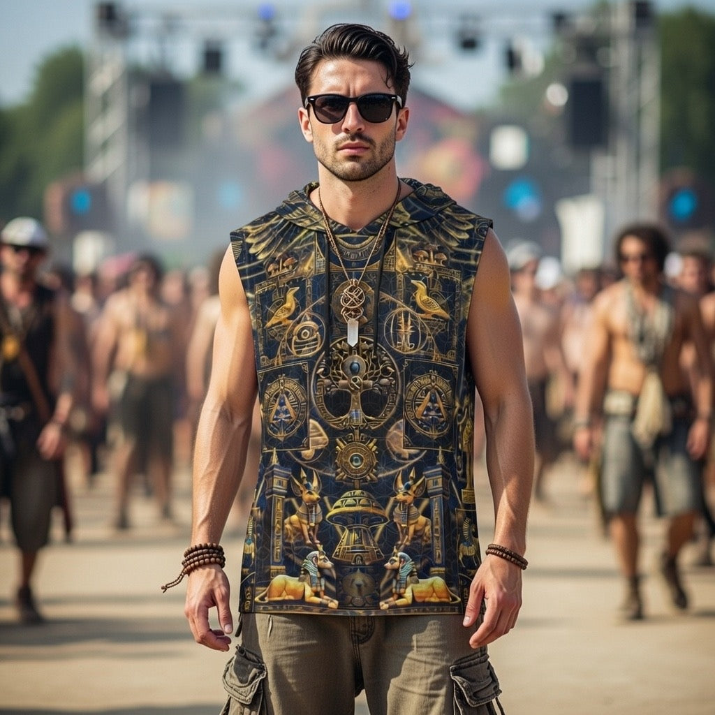 Egyptian Atlantis men's hooded tank side view with visionary art print