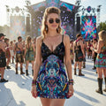 Alien Cyber Punk Mech women's lace cami dress front view with cyberpunk psychedelic pattern