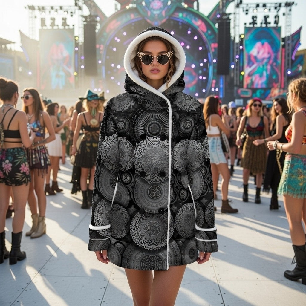 Void Mandala women's hooded rave coat side view with psychedelic mandala art