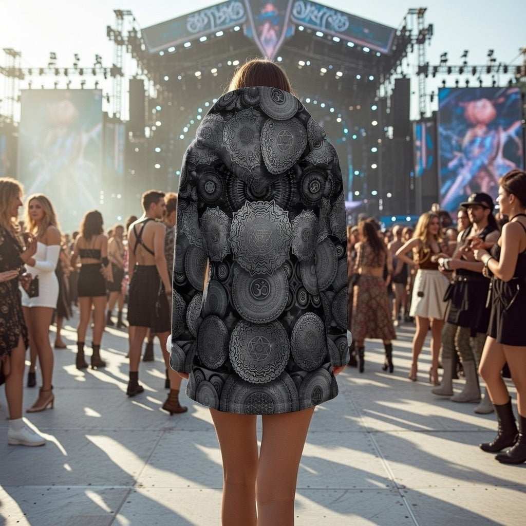 Void Mandala women's fleece-lined festival coat angled view with dark visionary print