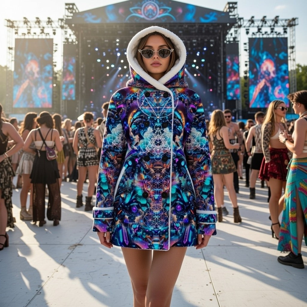 Cyber Punk Mech women's festival winter coat front view with cyberpunk psychedelic artwork