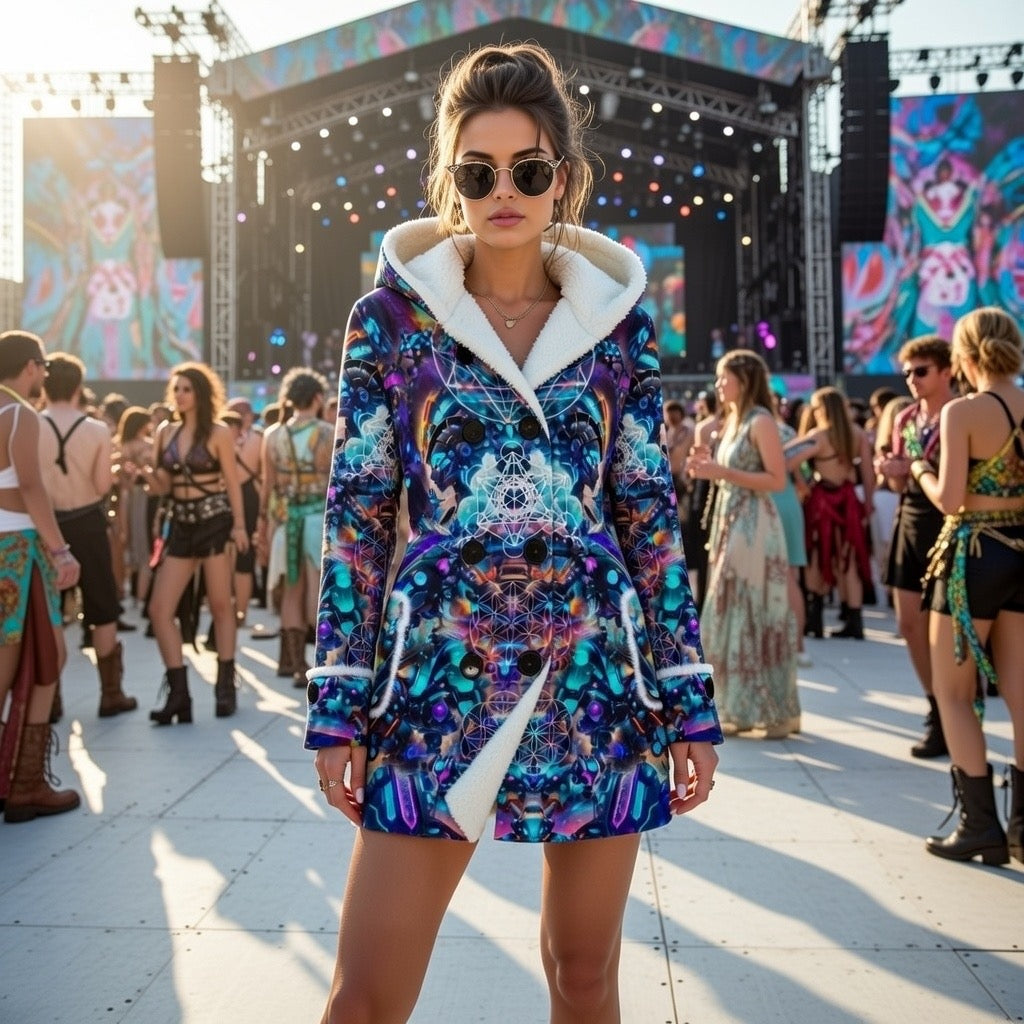 Cyber Punk Mech women's hooded rave coat side view with futuristic design