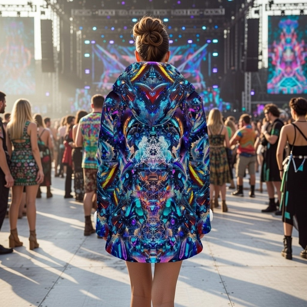 Cyber Punk Mech women's fleece-lined festival coat angled view with mech-inspired print