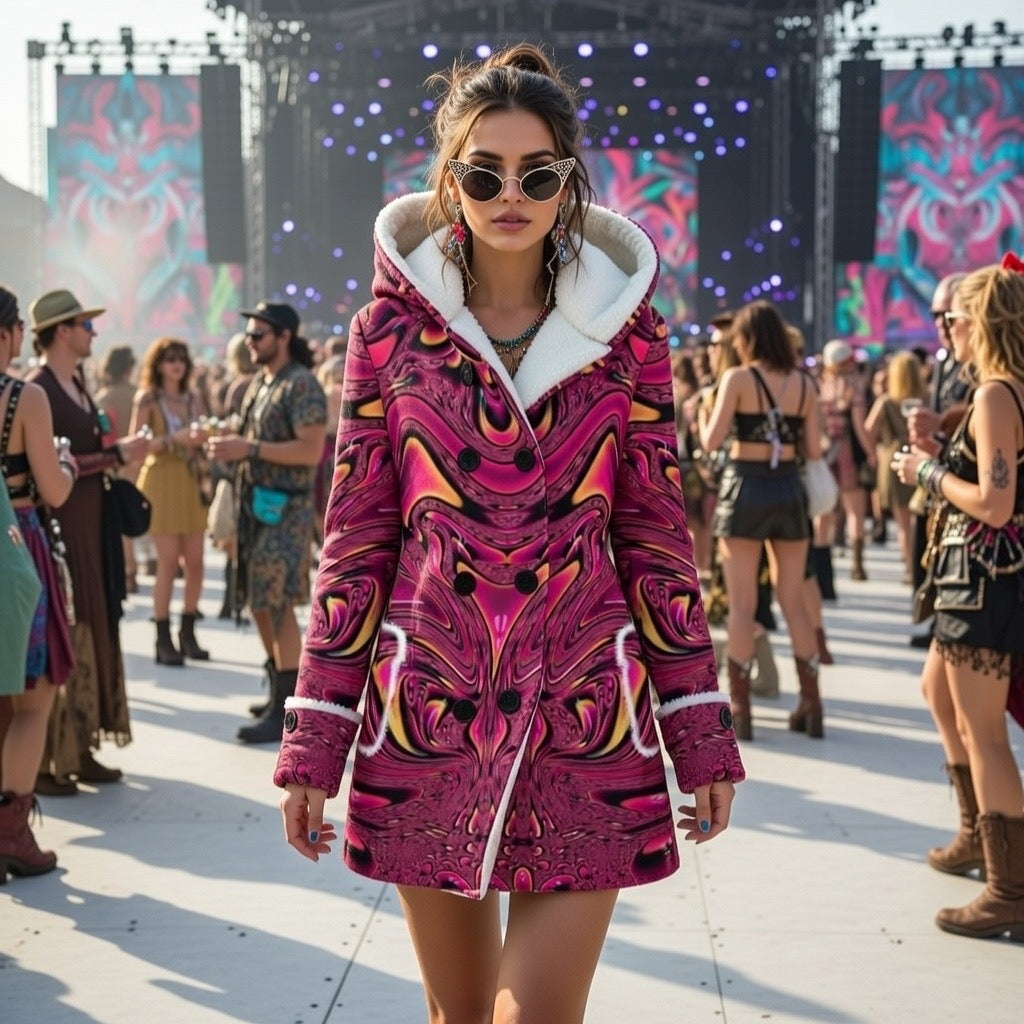 Fuchsia Swirl women's hooded rave coat side view with fuchsia visionary art