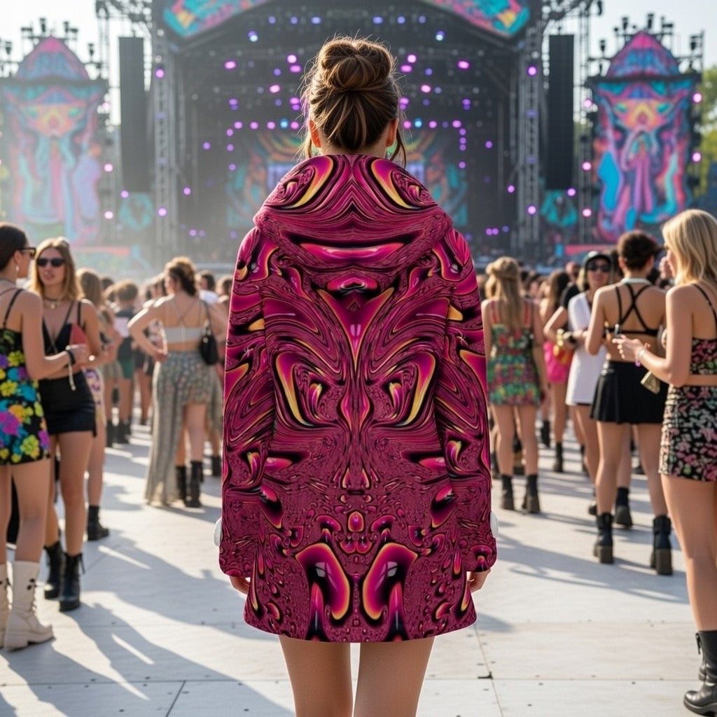 Fuchsia Swirl women's fleece-lined festival coat angled view with pink swirl print