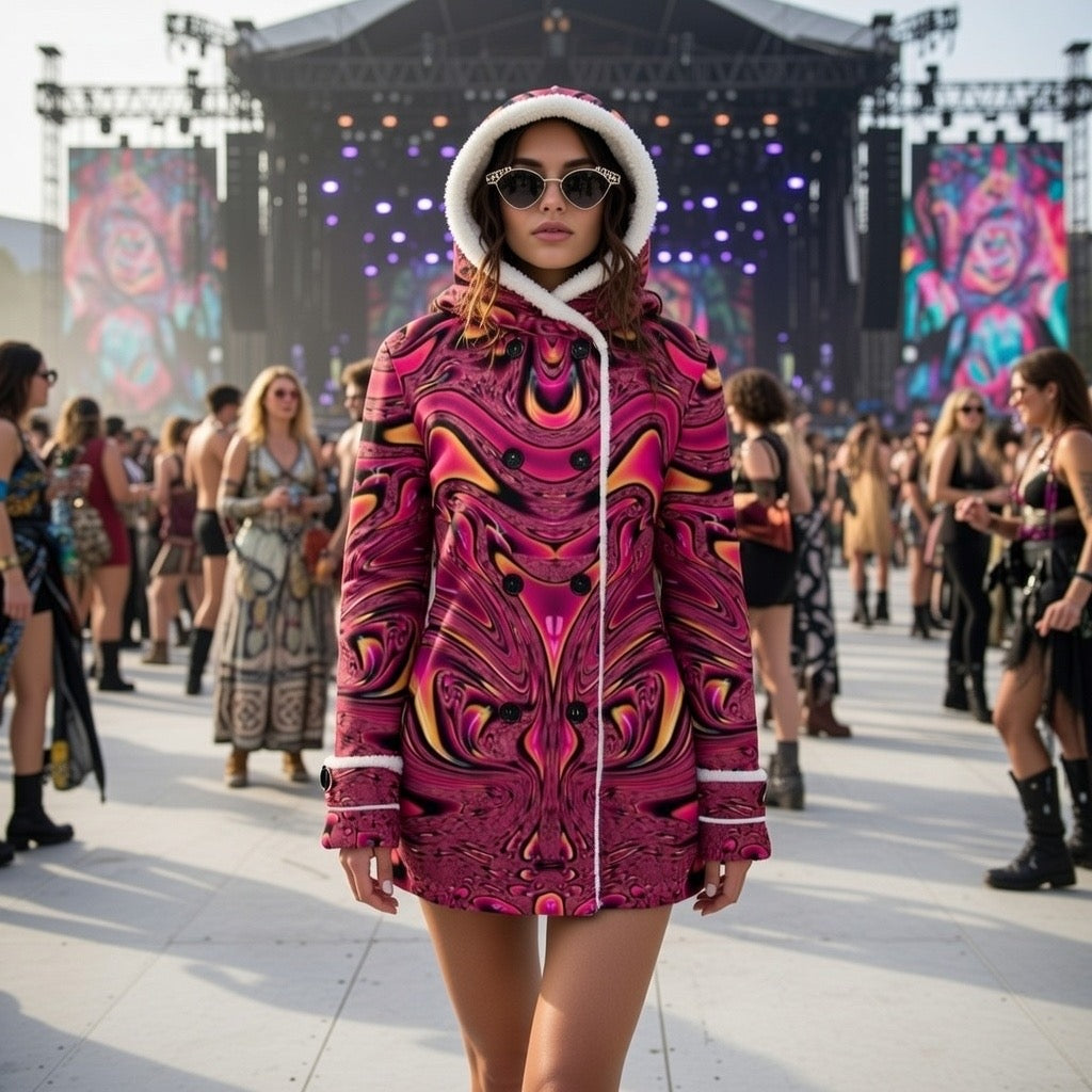 Fuchsia Swirl women's festival winter coat front view with pink psychedelic swirl pattern
