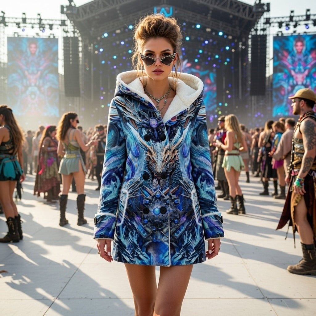 Electric Dragonscape women's festival winter coat front view with colorful psychedelic artwork