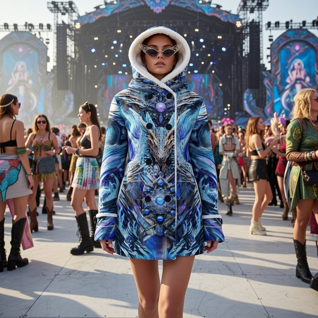 Electric Dragonscape women's hooded rave coat side view with vibrant visionary art