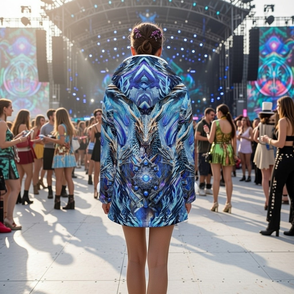 Electric Dragonscape women's fleece-lined festival coat angled view with dragon-inspired print