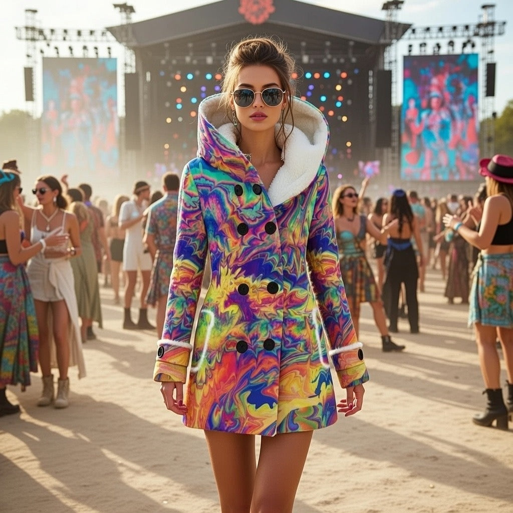 Windowpane women's festival winter coat front view with geometric psychedelic pattern