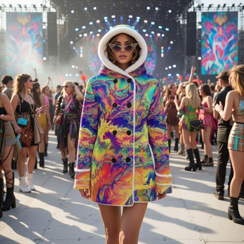 Windowpane women's hooded rave coat side view with visionary art print