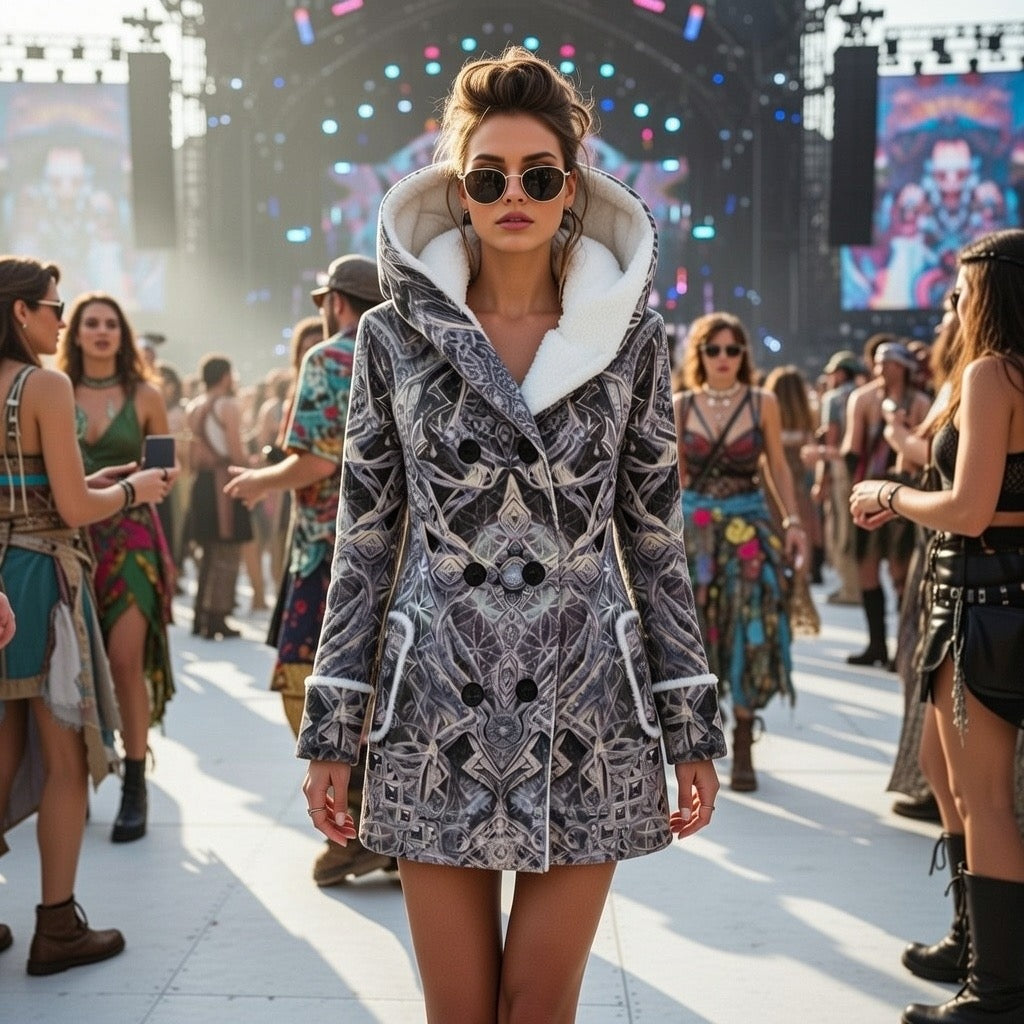 Cosmic Cross Silver women's festival winter coat front view with silver psychedelic pattern