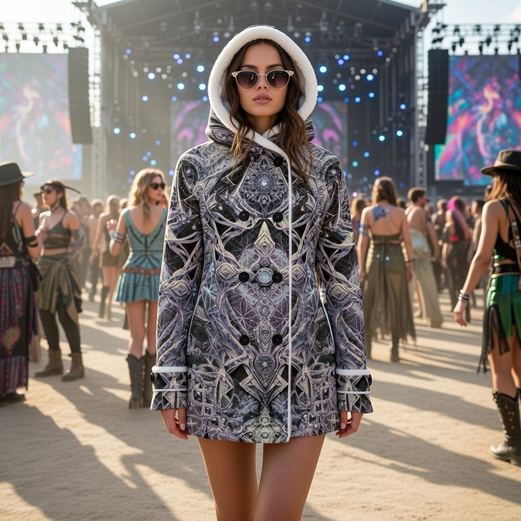 Cosmic Cross Silver women's hooded rave coat side view with silver visionary art