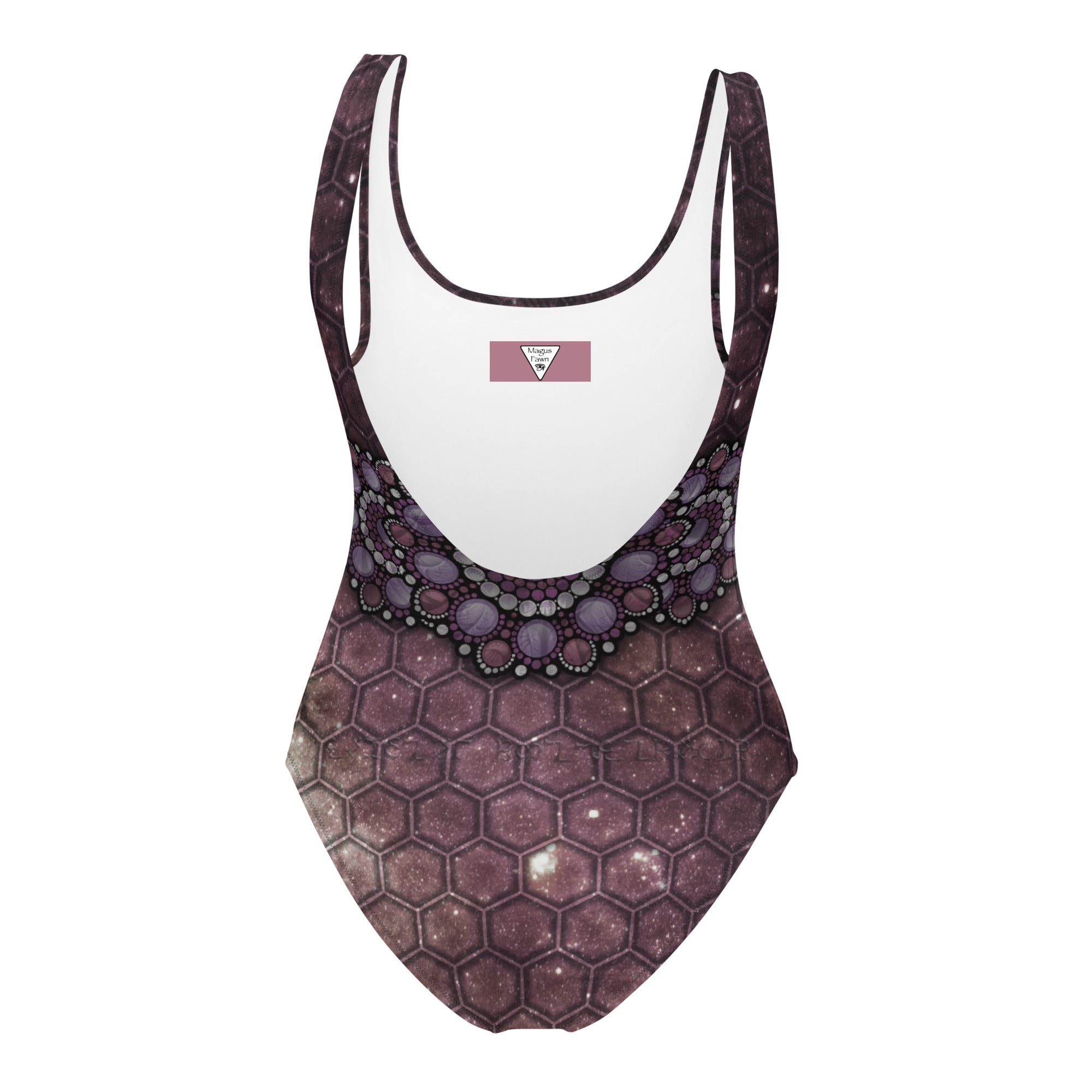 Back of psychedelic madriax one piece swimsuit
