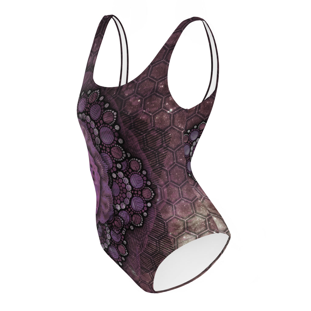 side view of trippy sacred geometry swimsuit