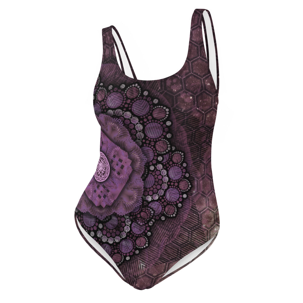front view of purple one piece festival swimsuit