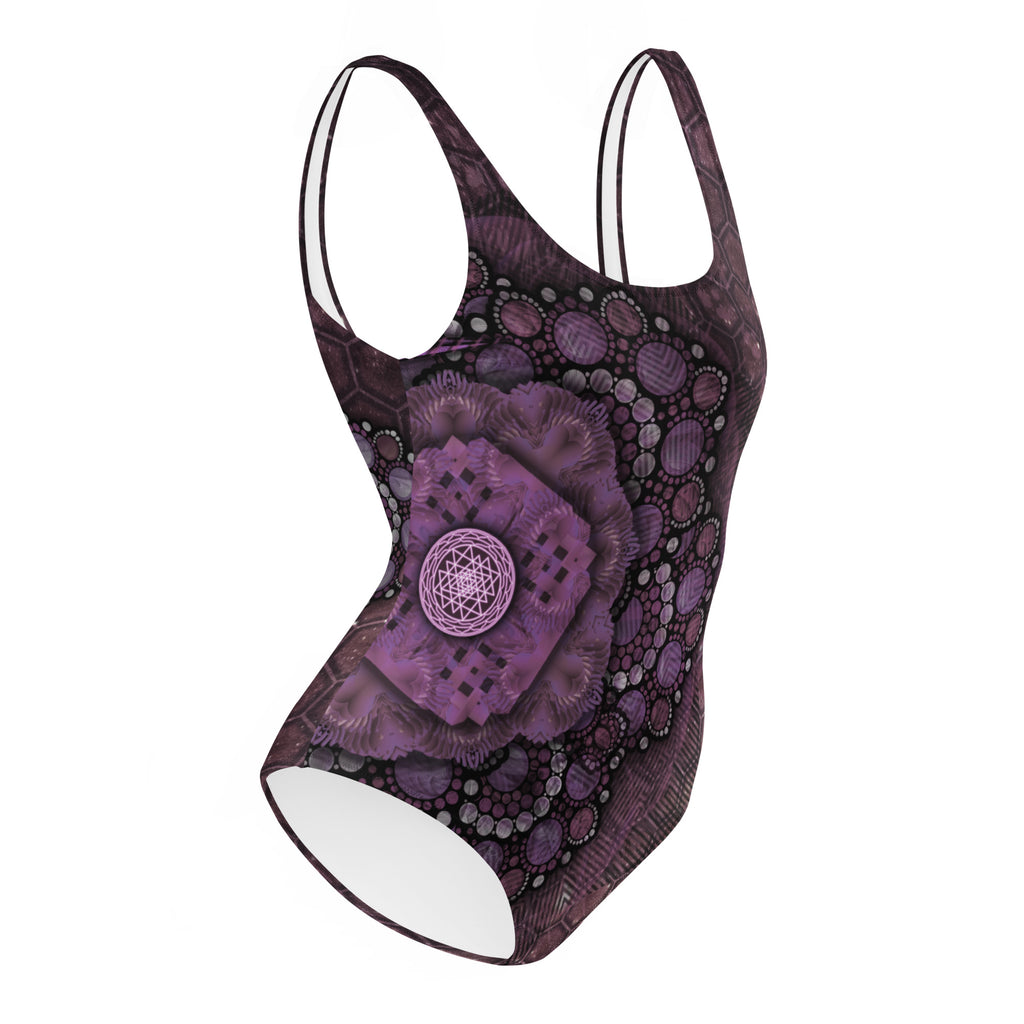 side view of trippy festival purple one piece swimsuit