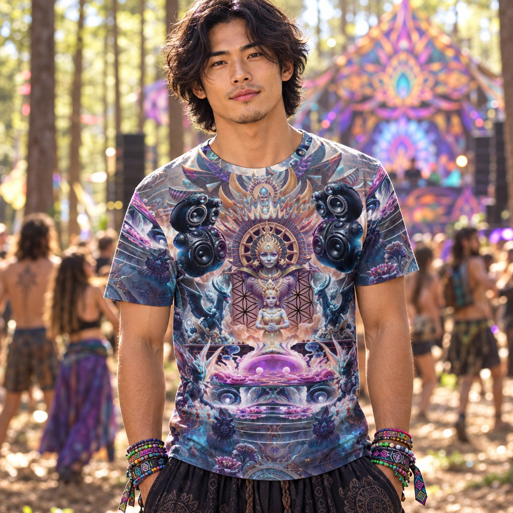 A man wearing a short-sleeve crewneck t-shirt with an all-over psychedelic graphic print featuring a central figure, speakers, and cosmic elements in shades of purple, blue, and gold at a music festival or outdoor concert event.