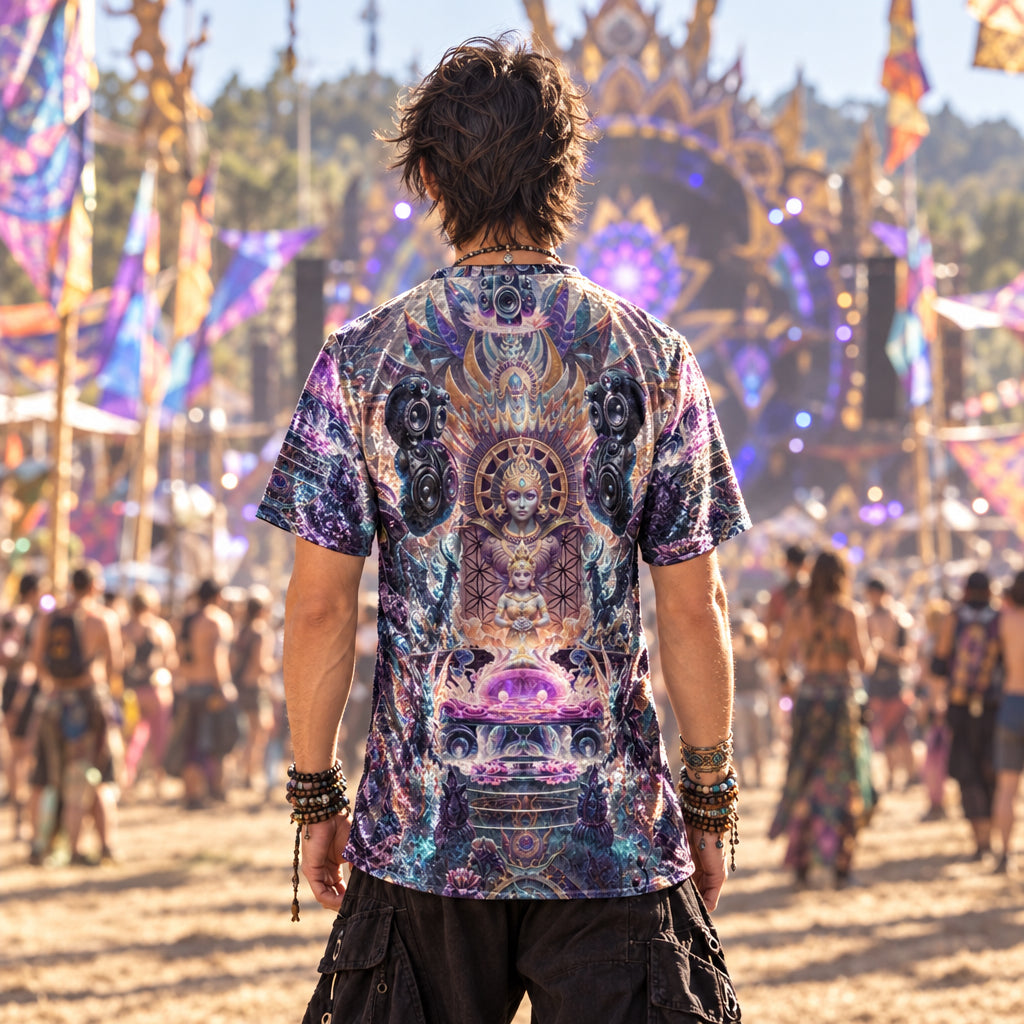 A man viewed from the back wearing a short-sleeve crewneck crushed velvet t-shirt with an intricate, highly detailed psychedelic graphic print featuring a central figure, speakers, and mystical sacred geometry symbols in shades of purple, blue, black, and gold.