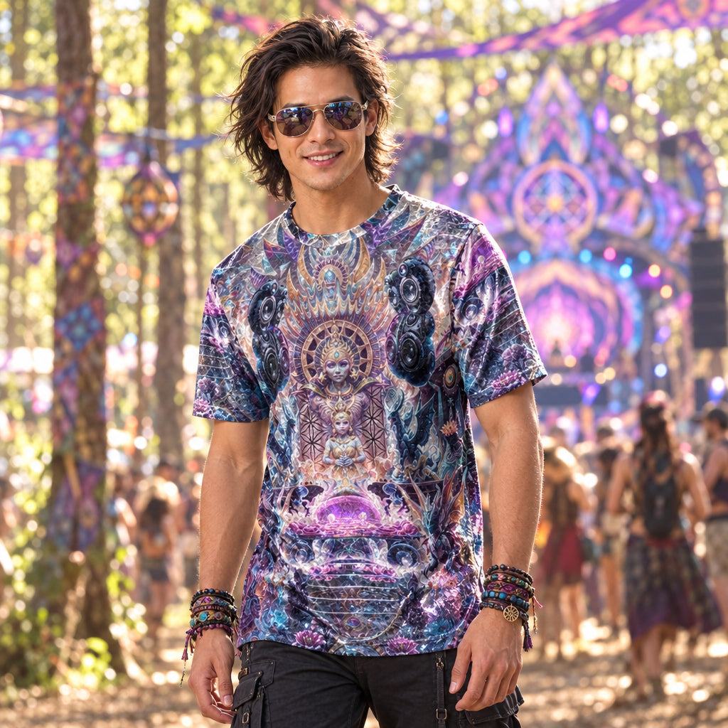A man wearing a short-sleeve crewneck t-shirt with an all-over psychedelic graphic print featuring a central figure, speakers, and purple and blue tones, as a festival tshirt.